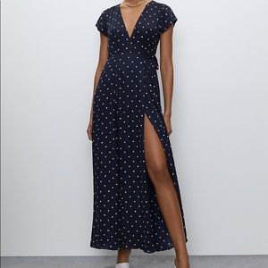 Aritzia Babaton Lexia Dress - Formal, Navy, Polka Dot, Floor Length Wrap Dress